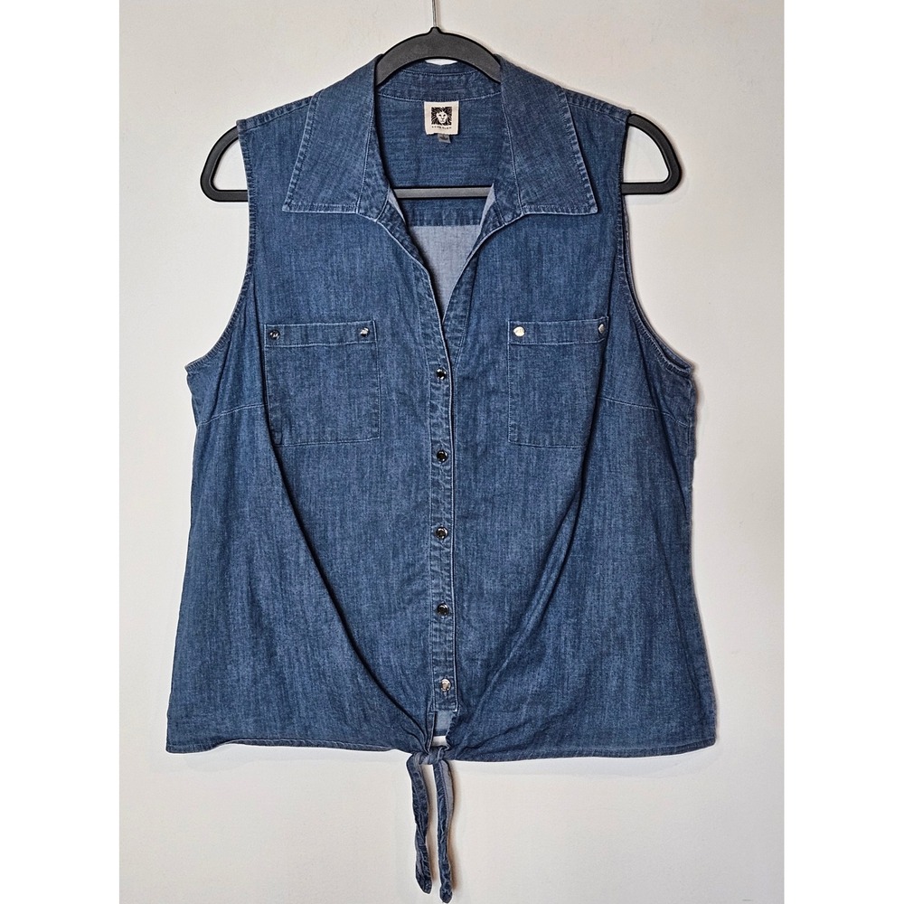 Anne Klein Chambray Sleeveless Denim Tie-Front Top Button Down‎ Shirt Vest Large